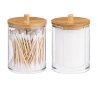 Navaris Cotton Bud Holders - 2 Stackable Clear Plastic Jars with Bamboo Lids - Storage Containers for Cotton Pads, Hair Ties, Small Makeup Accessories