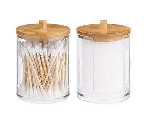 Navaris Cotton Bud Holders - 2 Stackable Clear Plastic Jars with Bamboo Lids - Storage Containers for Cotton Pads, Hair Ties, Small Makeup Accessories