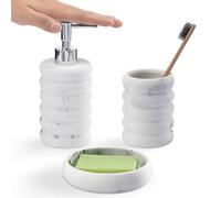 Navaris Decorative Bathroom Accessories Set - 3-Piece Bath Accessory Kit with Toothbrush Holder Liquid Soap Dispenser and Soap Dish Tray Set - White Marble