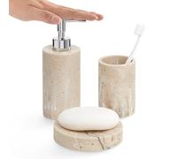 Navaris Decorative Bathroom Accessories Set - 3-Piece Bath Accessory Kit with Toothbrush Holder Liquid Soap Dispenser and Soap Dish Tray Set - Stone