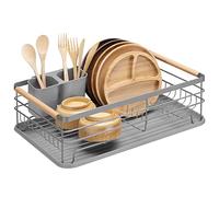 Navaris Dish Drainer Rack - Draining Rack with Beechwood Handles, Cutlery Holder and Drip Tray - Washing Up Dishes Drying Rack for Kitchen Sink - Grey