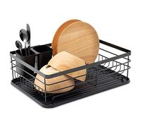 Navaris Dish Drainer Rack - Plate, Cutlery, Pots and Pans Drying Rack for Kitchen - Modern Retro Design Drip Tray with Metal Rack - Black