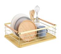 Navaris Dish Drainer Rack - Plate, Cutlery, Pots and Pans Drying Rack for Kitchen with Beechwood Handles - Modern Retro Design Drip Tray - Gold