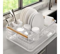 Navaris Dish Drainer Rack - Plate, Cutlery, Pots and Pans Drying Rack for Kitchen with Beechwood Handles - Modern Retro Design Drip Tray - White