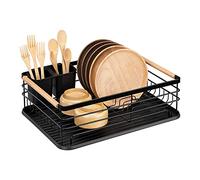 Navaris Dish Drainer Rack - Plate, Cutlery, Pots and Pans Drying Rack for Kitchen with Beechwood Handles - Modern Retro Design Drip Tray - Black