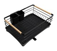 Navaris Dish Drainer Rack with Wooden Handle - Metal Draining Board with Drip Tray - Plate Drying Rack with Utensil Holder - Washing Up Drainers for Kitchen Sink - Black
