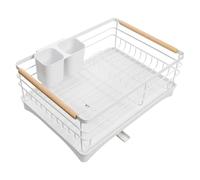 Navaris Dish Drainer Rack with Wooden Handle - Metal Draining Board with Drip Tray - Plate Drying Rack with Utensil Holder - Washing Up Drainers for Kitchen Sink - White