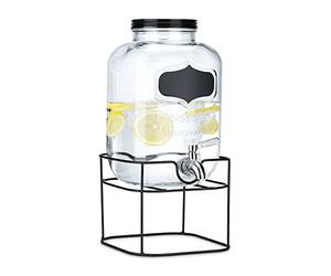 Navaris Drink Dispenser with Black Metal Stand - 5L (1.3 Gallon) Glass Drink Container with Tap - Beverage Dispenser with Gummy Seal and Stand