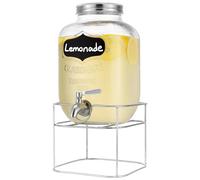 Navaris Drink Dispenser with Silver Metal Stand - 5L (1.3 Gallon) Glass Drink Container with Tap - Beverage Dispenser with Gummy Seal and Stand