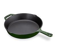 Navaris Enamelled Cast Iron Skillet - 30cm Pre-Seasoned Frying Pan with Helper Handle, for Oven, Stovetop, Grill & Campfire, Induction Ready, Pouring Lips, Non-Toxic, Green
