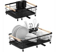Navaris Expandable Dish Rack - Adjustable Draining Board for Drying Dishes - Removable Plates and Cutlery Holder - Kitchen Sink Washing Up Drainer with Plug and Drip Tray - Black