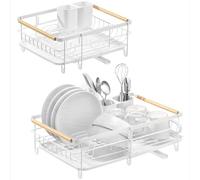 Navaris Expandable Dish Rack - Adjustable Draining Board for Drying Dishes - Removable Plates and Cutlery Holder - Kitchen Sink Washing Up Drainer with Plug and Drip Tray - White