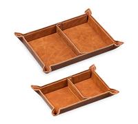 Navaris Faux Leather Tray Set - 2 Valet Organiser Trays for Bedside Table Desk with Dividers- Store Keys, Change, Wallet, Phone, Glasses - Brown