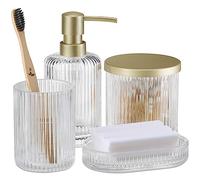 Navaris Glass Bathroom Accessories Set (4 Pieces) - Includes Soap Dispenser, Toothbrush Tumbler, Soap Dish, Cotton Pad Holder - Clear Glass with Gold Metal