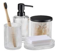 Navaris Glass Bathroom Accessories Set (4 Pieces) - Includes Soap Dispenser, Toothbrush Tumbler, Soap Dish, Cotton Pad Holder - Clear Glass with Black Metal