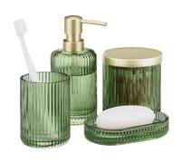 Navaris Glass Bathroom Accessories Set - Durable 4 Piece Accessory Set in Sage Green - Vanity Home Decor - Toothbrush Holder Soap Dispenser Cotton J