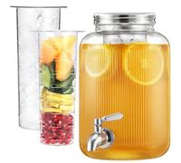 Navaris Glass Drink Dispenser with Tap - 4L (1 gal) Ripple Design Beverage Dispenser with Ice Insert & Fruit Infuser - for Cold Brew Coffee, Cocktails, Juice, Water & Other Drinks