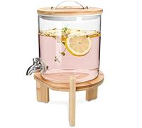 Navaris Glass Drinks Dispenser with Tap - 5 Litre Drink Jar with Spigot, Lid and Wooden Stand for Hot or Cold Beverages, Punch, Ice Water for Parties