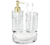 Navaris Hammered Glass Bathroom Accessories Set - Clear Hammered Glass Finish - Versatile 3-Piece Bathroom Accessory Set - Soap Dispenser And Toothbrush Holder Set with Soap Dish
