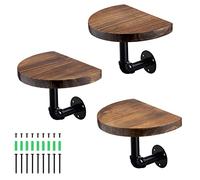 Navaris Industrial Pipe Shelf Set - 3 Small Rounded Wood Shelves with Shelf Brackets - 20cm x 15cm Wall-Mounted Wooden Shelving - Size S, Dark Brown