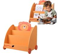 Navaris Kids Bookcase - Childrens Bookshelf with Wheels & 3 Shelves - Childs Montessori Bookshelves for Bedroom or Play Room - 60 x 58 x 40cm (23.6 x 22.8 x 15.7) - Orange Lion