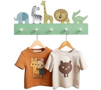 Navaris Kids Coat Hooks Rack - Wooden Hanger Rail with 5 Pegs - Wall Mounted Children's Coat Rack with 5 Hooks - Cute Animals Design