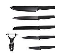 Navaris Knife Set 6 Pieces Including Peeler - 5 x Stainless Steel Kitchen Knives and 1 x Ceramic Vegetable Peeler - Meat Knife Bread Knife - Knife Set Black