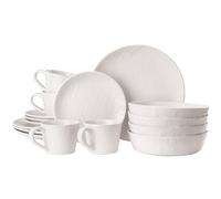 Navaris Linen Artisan Stoneware Dinner Sets for 4 People (16 Pieces) - Dishwasher and Microwave Safe Plates and Bowls Set - Dinner Plates, Dessert Plates, and Mugs Dinnerware Set - Linen White