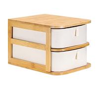 Navaris Makeup Storage Drawers - Bamboo Organiser and Cream Coloured Fabric Trays - 2-Tier Unit for Bathroom, Dressing Table - L 23 x W 17.5 x H 15 cm