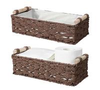Navaris Natural Paper Rope Storage Basket Set with Wooden Handles - Large & Small Versatile Baskets for Organisation & Hampers - Wicker Storage for Shelves, Bathroom or Laundry