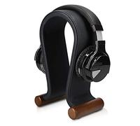 Navaris Omega Headphone Stand - Synthetic Leather Headset Hanger with Wooden Base - Holder for Wired, Wireless, Gaming, DJ, Studio Headphones - Black