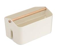 Navaris Plastic Organiser Box - Utensil Holder w/Wooden Handle and 2 Compartments - Storage Container for Bathroom Bedroom Kitchen - Cream, Medium