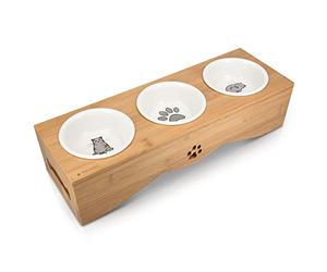 Navaris Raised Cat Bowls - Elevated Triple Cat Food Bowl Feeder - Ceramic Feeding Dishes with Bamboo Stand - 3 Dish Feeding Station Set with Printed Designs