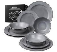 Navaris Scandi Style Porcelain Dinnerware Set - Dining Crockery Sets for 4 - Stackable Dishes with Dinner and Salad Plates Cereal Bowls - Dishwasher & Microwave Safe - 12pcs Grey