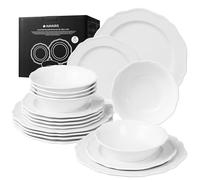 Navaris Scandi Style Porcelain Dinnerware Set - Dining Crockery Sets for 6 - Stackable Dishes with Dinner and Salad Plates Cereal Bowls - Dishwasher & Microwave Safe - 18pcs White