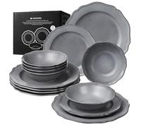 Navaris Scandi Style Porcelain Dinnerware Set - Dining Crockery Sets for 6 - Stackable Dishes with Dinner and Salad Plates Cereal Bowls - Dishwasher & Microwave Safe - 18pcs Grey