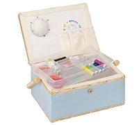 Navaris Sewing Box with Accessories - Sew Basket with Organiser Tray Compartments 24.5 x 17.5 x 12.5 cm - Includes 76 Piece Kit - Dotted Print, Grey