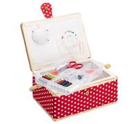 Navaris Sewing Box with Accessories - Sew Basket with Organiser Tray Compartments 24.5 x 17.5 x 12.5 cm - Includes 76 Piece Kit - Dotted Print, Red