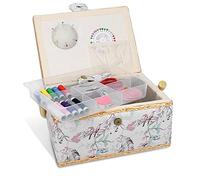 Navaris Sewing Box with Accessories - Sewing Basket with Organiser Tray Compartments 24.5 x 17.5 x 12.5 cm - Includes 76 Piece Kit - Bird Design
