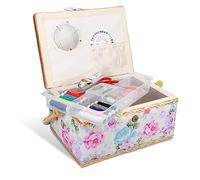 Navaris Sewing Box with Accessories - Sewing Basket with Organiser Tray Compartments 24.5 x 17.5 x 12.5 cm - Includes 76 Piece Kit - Rose Design