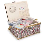 Navaris Sewing Box with Accessories - Sewing Basket with Organiser Tray Compartments 24.5 x 17.5 x 12.5 cm - Includes 76 Piece Kit - Floral Design