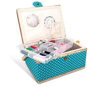 Navaris Sewing Box with Accessories - Sewing Basket with Organiser Tray Compartments 24.5 x 17.5 x 12.5 cm - Includes 76 Piece Kit - Dotted Design