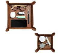 Navaris Square PU Leather Tray Set - Versatile Vanity or Bedside Table Organiser - Womens and Mens Coin, Key, or Valet Bowl - Stylish Storage Trays - Set of 2 - Brown