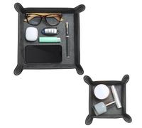 Navaris Square PU Leather Tray Set - Versatile Vanity or Bedside Table Organiser - Womens and Mens Coin, Key, or Valet Bowl - Stylish Storage Trays - Set of 2 - Black