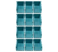 Navaris Storage Bins - Interlocking Plastic Van Boxes - Wall Mounted Compartments for Screws Nails Small Tool Parts - Workshop Garage Drawer Shed Bolt Organiser - 12 Bins & 3 Rails