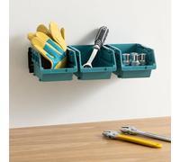 Navaris Storage Bins - Interlocking Plastic Van Boxes - Wall Mounted Compartments for Screws Nails Small Tool Parts - Workshop, Garage, Drawer Shed Bolt Organiser - 3 Bins & 1 Rail
