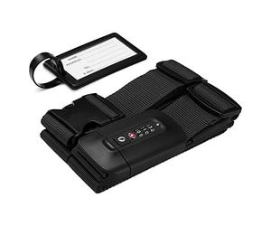 Navaris Suitcase Strap with Lock - Cross Case Baggage Belt with Combination Lock and Luggage Tag for Suitcases, Cabin Cases, Travel Bags - Black
