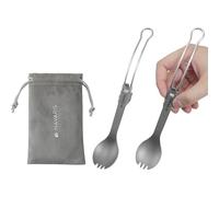 Navaris Titanium & Stainless Steel Spork - Lightweight Foldable Travel Cutlery Sporks for Camping - Compact Reusable Fork & Spoon with Locking Mechanism & Carry Bag - Set of 2
