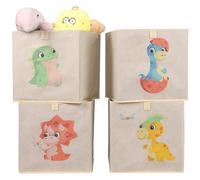 Navaris Toy Storage Boxes - Kids Bedroom Cube Baskets w/ Pull-Out Loop - Fabric Collapsible Box Drawers Unit for Shelves - Compatible with Ikea Kallax Inserts - Set of 4 Dinosaurs