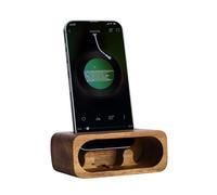 Navaris Wooden Phone Stand - Acacia Wood Phone Stand for Desk - Enhanced Sound with Built-in Amplifier - Portable Bed Desktop Stand - Wooden Mobile Phone Holder w Charger Cut-Out